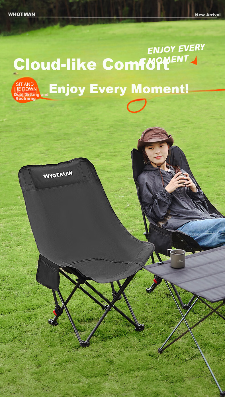 Waterman Outdoor Folding Chair Portable Recliner High Back Moon Chair with Footrest Three-Level Adjustment Picnic Camping Nap Chair 1