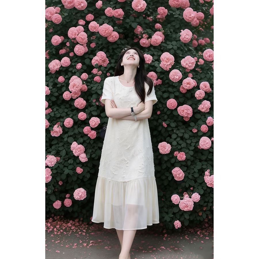 MT French Jacquard Art Summer Elegant U-Neck Patchwork Straight Dress Long Petite Women's Dress