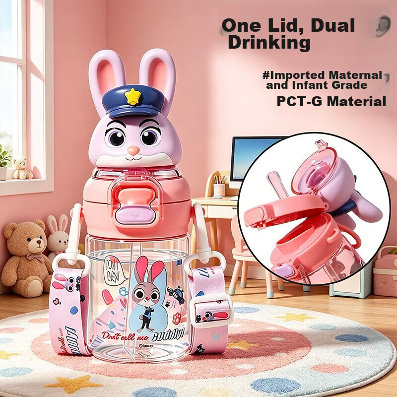 Disney Kids School Double Straw Water Bottle for Boys and Girls Summer 6-12 Years Old Elementary Student 400ML Judy