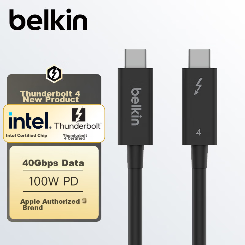 BELKIN High-Definition Data Cable Data Transmission HD Screen Casting 100W Fast Charging Thunderbolt 4 Cable Compatible with USB4/Thunderbolt 3 1m