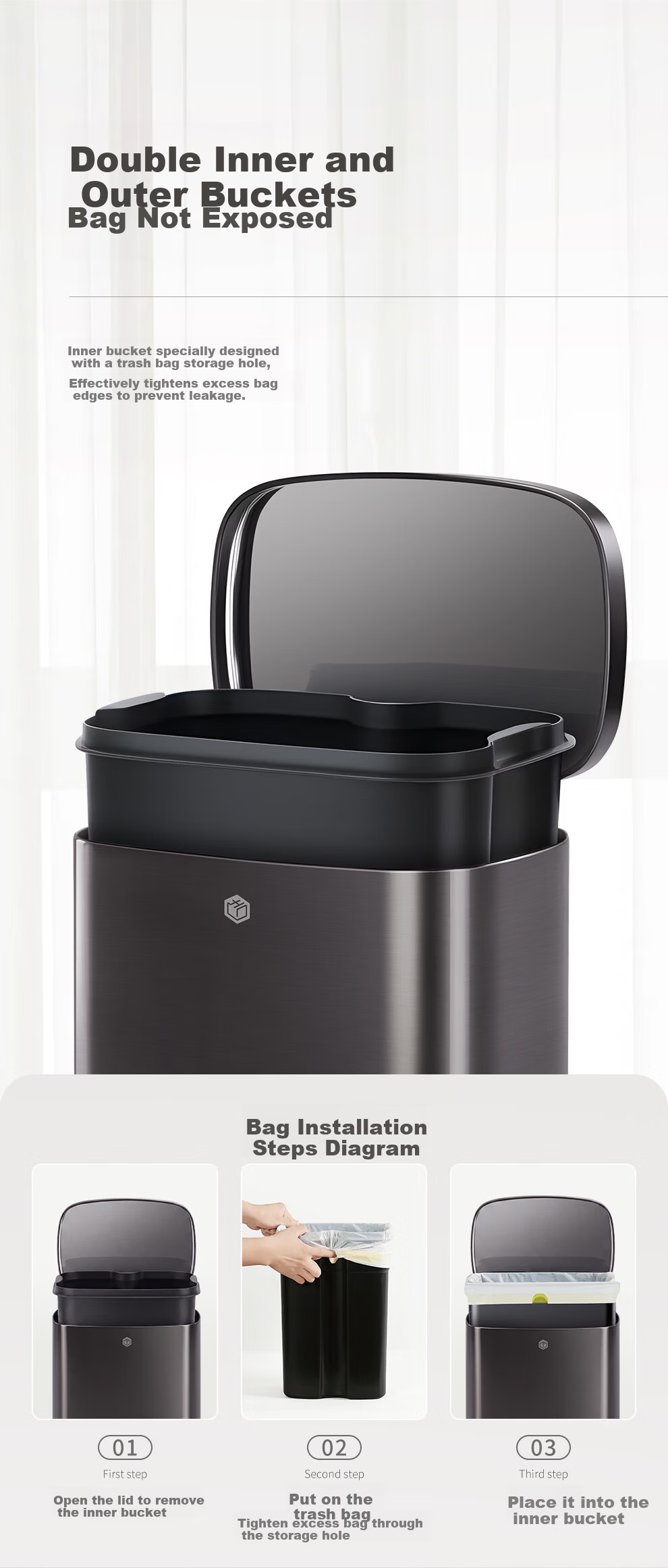 JD Jingzao Odor-Sealing Covered Foot-Pedal Stainless Steel Trash Can 20L Dual Inner and Outer Buckets Large Size for Living Room Kitchen Bathroom Home Use 4