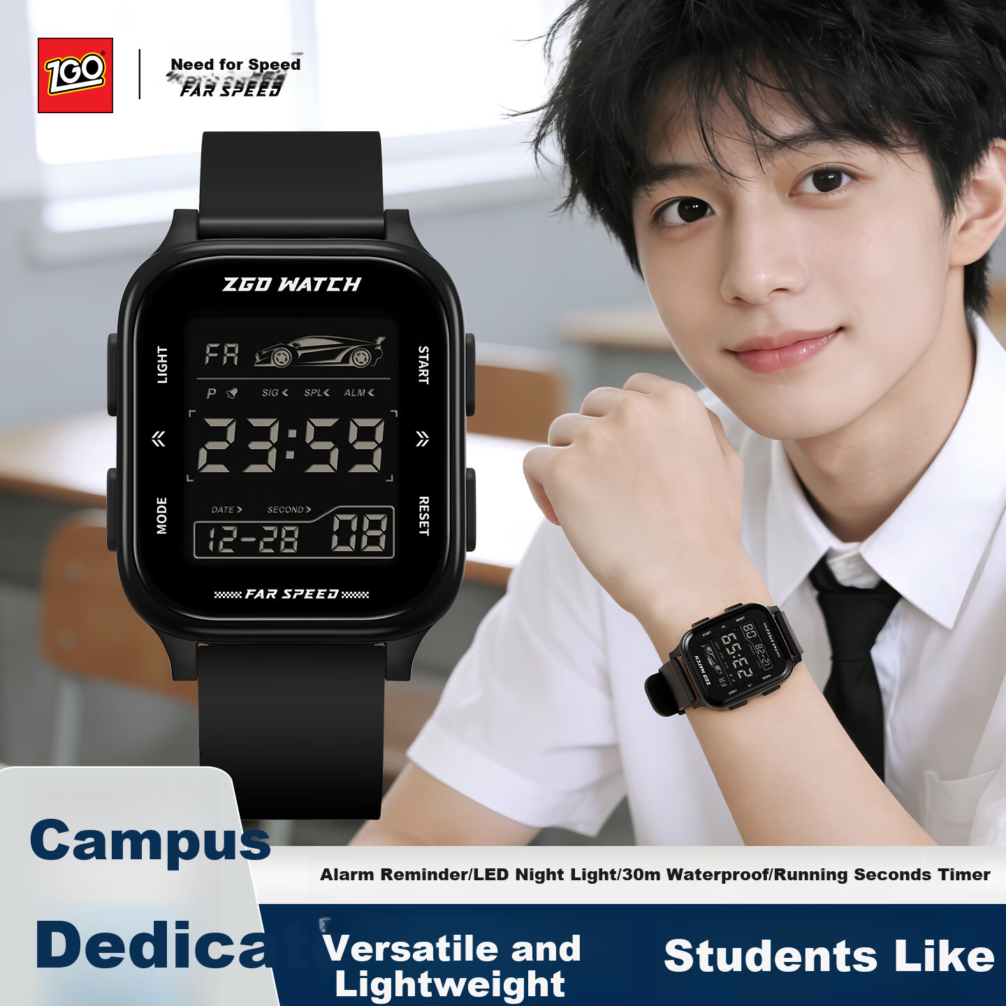 ZGO Men's Electronic Watch for Students, High School and Middle School, Luminous Waterproof Multifunctional Sports Digital Watch, Time Display Only