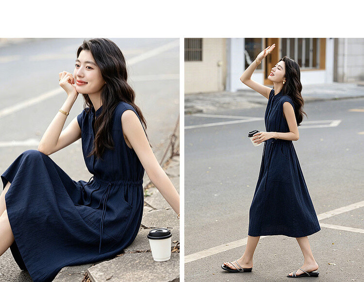 Demana [Accompanied by Elegance] Summer Simple Style Half-Placket Round Neck Drawstring Loose Mid-Length Dress for Women 10