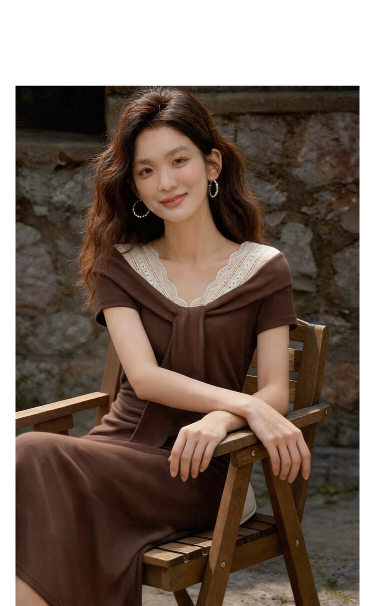 Demana [Seaside Holiday] Summer V-Neck Tie Lace Trim Ruffled Waist Slim Fit Dress for Petite Women 16
