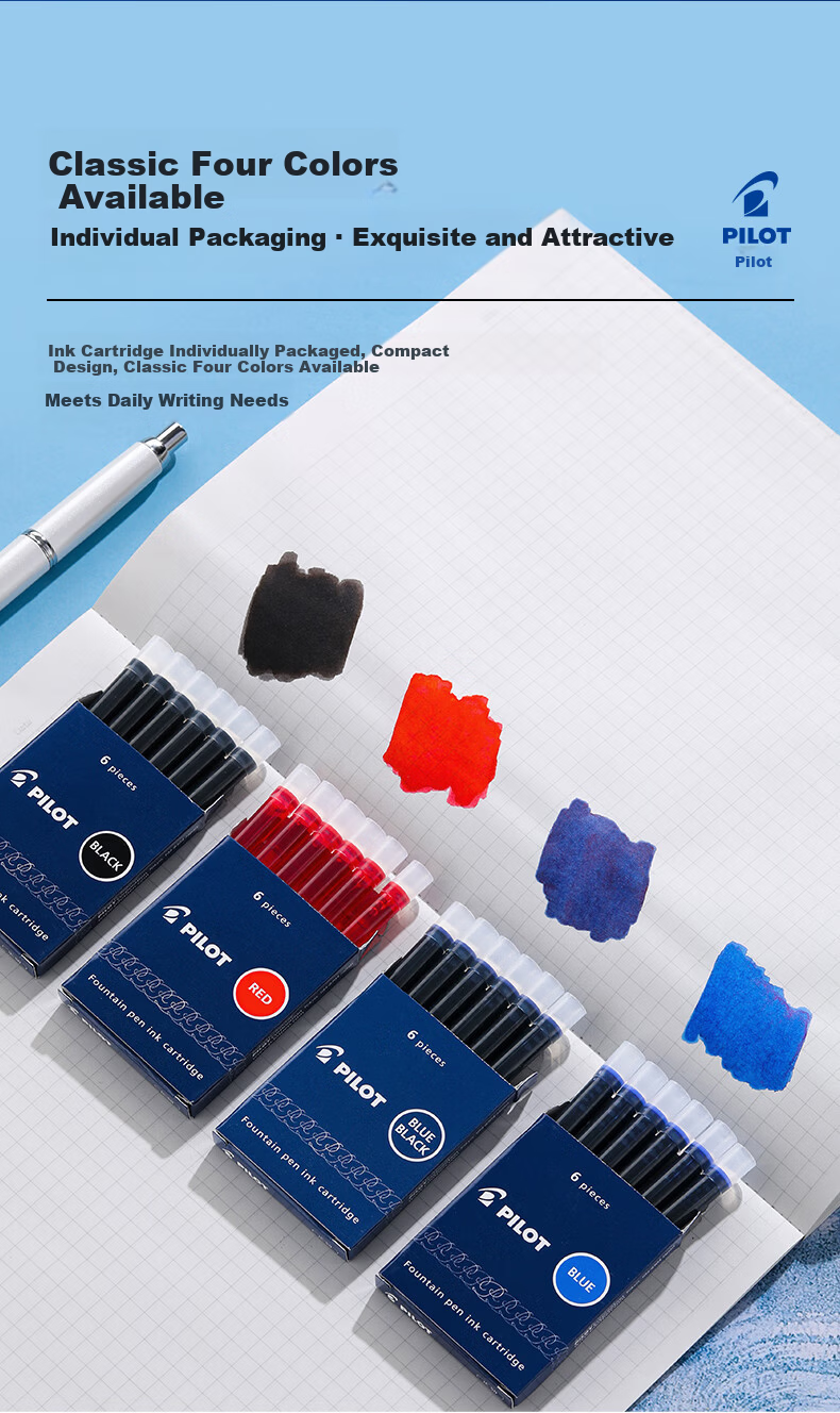 PILOT IC-100 Ink Cartridge Fountain Pen Non-Carbon Ink Fountain Pen for Primary School Students Grades 3-6 Replaceable Ink Cartridges 78G/88G/Guifei 50r/Smiley Face Black 12pcs 6