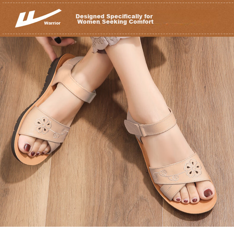 Warrior Mom Summer Sandals Soft Sole Genuine Leather Middle-aged and Elderly Women's Shoes New Anti-slip Summer 0768 Black Size 37 2