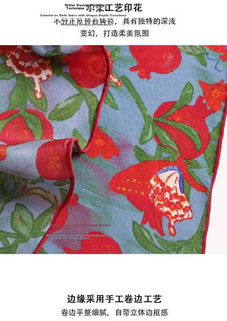Lagur "Butterfly Pomegranate Flower" 100% Mulberry Silk Triangle Scarf Women's Silk Diamond Scarf Lupine Blue 9