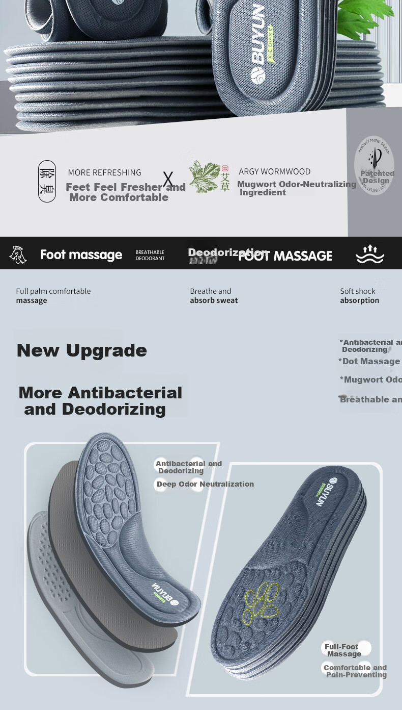 Buyun [2 Pairs] Deodorant Insoles for Men, Shock Absorption, Women's Sweat-Absorbing, Breathable, Non-Slip Military Training Deodorizing Insoles for Leather Shoes 2