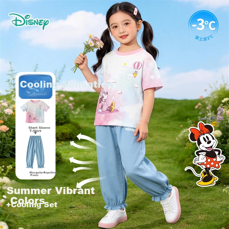 Disney Spring Summer New Girls' Ice Cool Short Sleeve T-Shirt and Lightweight Breathable Anti-Mosquito Long Pants Casual Set Pastel Color Size 90