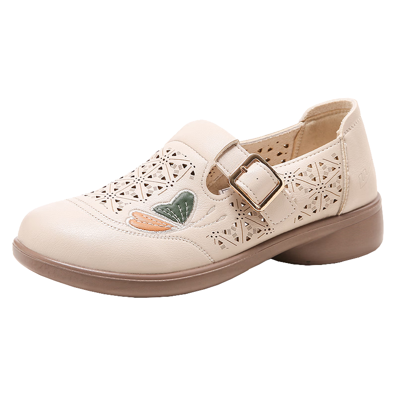 Warrior Women's Mom Shoes Soft Sole Non-Slip Breathable Middle-Aged Summer Hollow Out Leather Sandals 0196 Beige Size 39