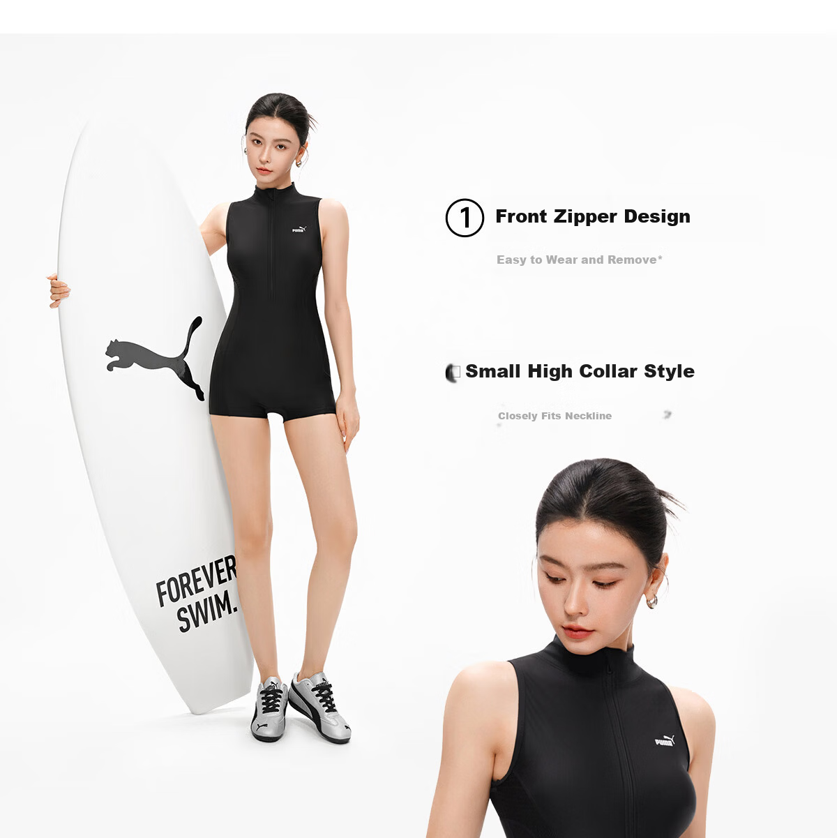 PUMA Women's One-Piece Swimsuit High Neck Sun Protection Mesh Back Slim Fit Swimwear Beach Spa 17