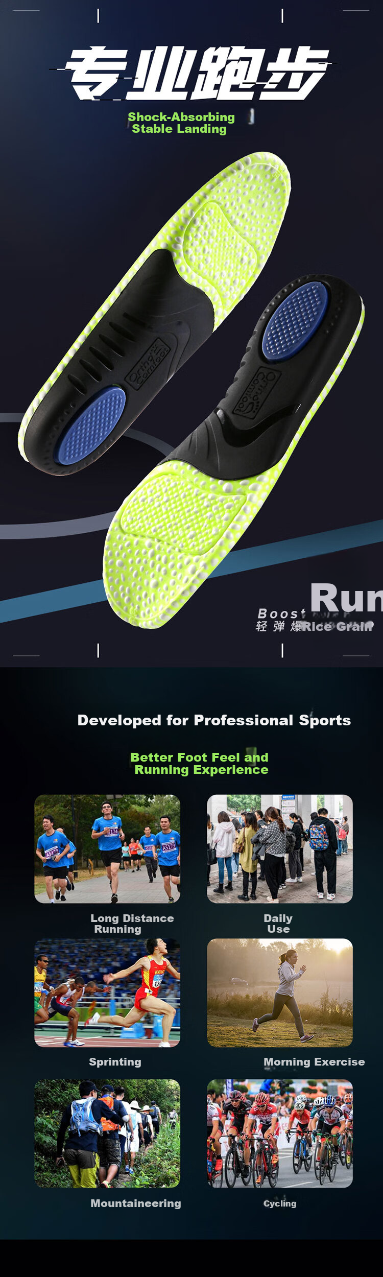 Footprint Tribe Sports Insoles Popcorn Shock Absorption Soft Elastic Long-Standing Fatigue Relief TPU Arch Support 1 Pair Size 43-44 1