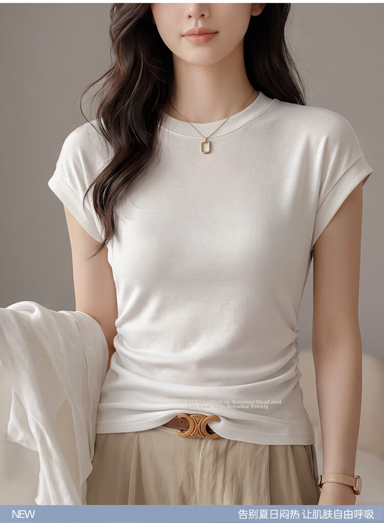 Audifine Women's Ruched Waist Slimming Short Sleeve T-Shirt Spring Summer Soft Loose Fit Khaki M 2