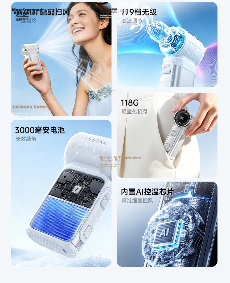 REMAX 16°C Cooling Mini Air Conditioner High-Speed Handheld Fan Foldable Portable Outdoor Desktop USB Neck Hanging Rechargeable Silent Long Battery Life Small Fan for Students Dormitory 5