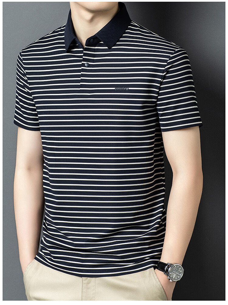 Edenbo Men's Short Sleeve Polo Shirt Spring Summer Striped Skin-Friendly Commuter Top Navy Blue 170/88A (L) 13