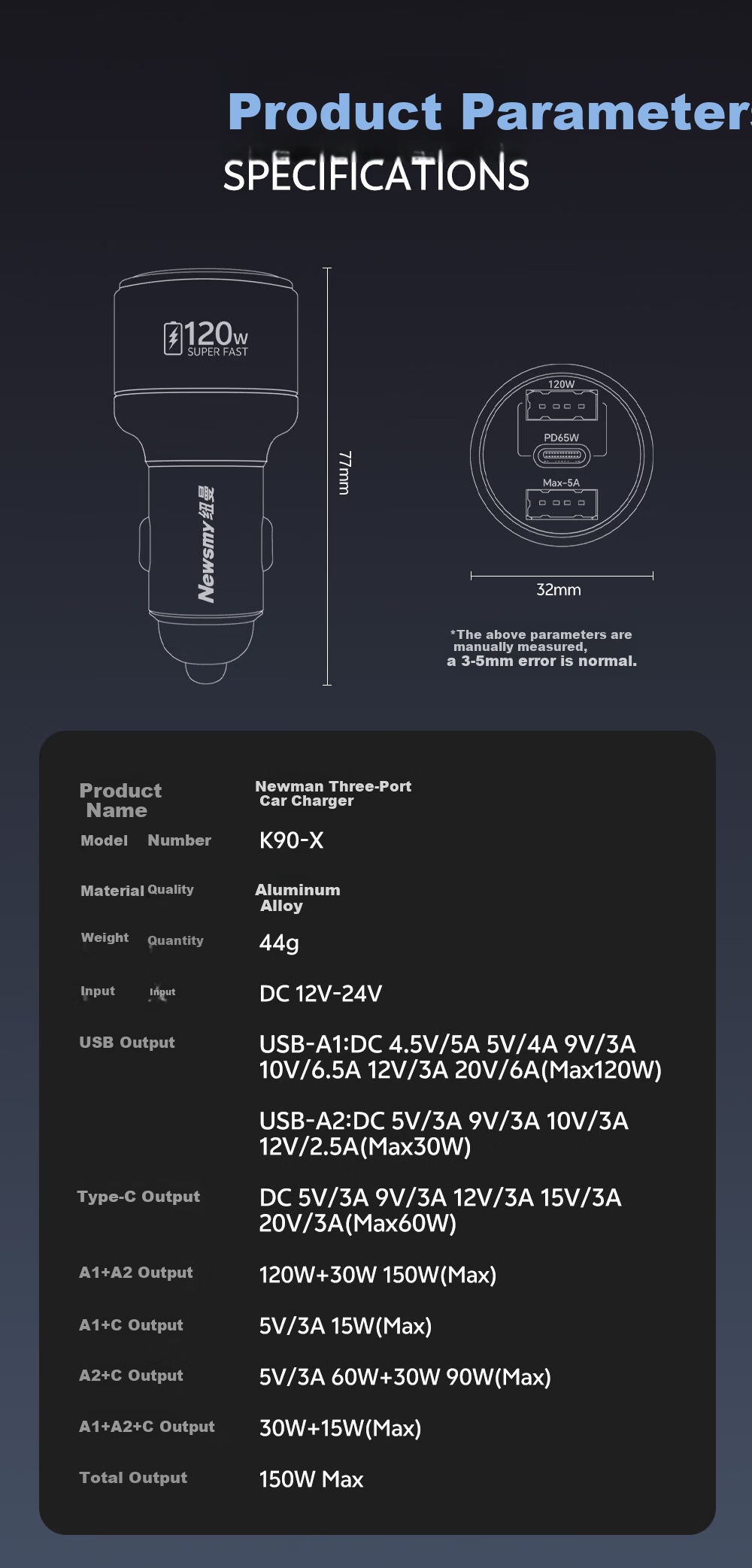 Newsmy 120W Car Charger Super Fast Charging Triple Port Cigarette Lighter Adapter Compatible with Huawei Vivo OPPO Apple 17 Laptop Charging 14