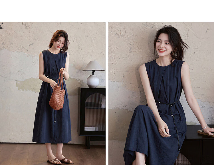 Demana Elegant Urban Summer Simple Cotton-Blend Stretch Round Neck Pleated Sleeveless Belted Dress for Women Premium Feel 11