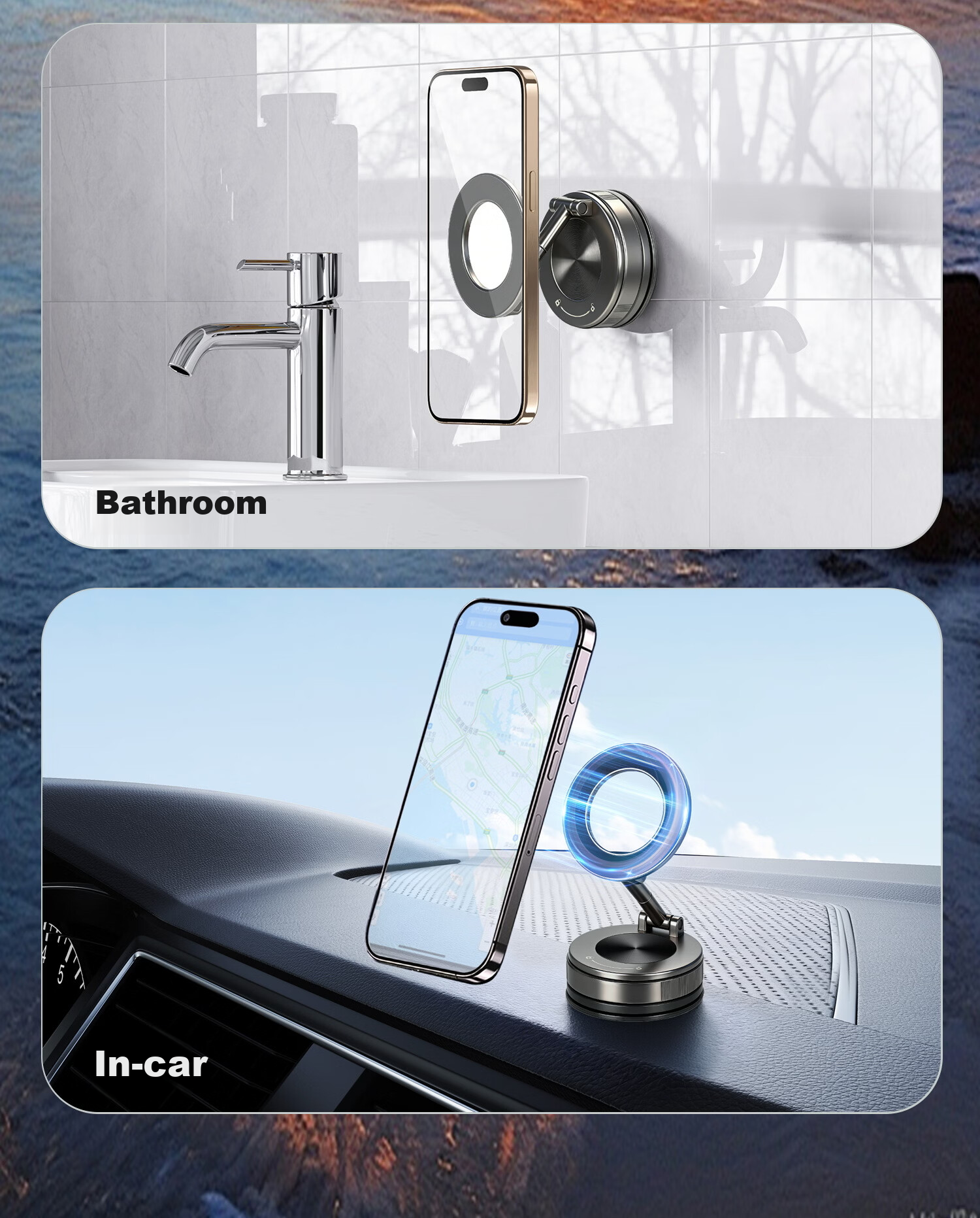 Feimaotui Car Phone Holder Suction Magnetic Mount 360° Rotatable Dual Ring Strong Adhesive Horizontal and Vertical Screen 7