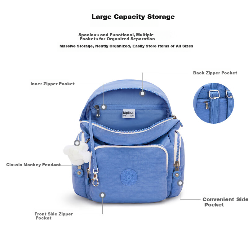 Kipling 2026 Large Capacity Backpack Cocktail Blue CITY ZIP MINI Birthday Gift