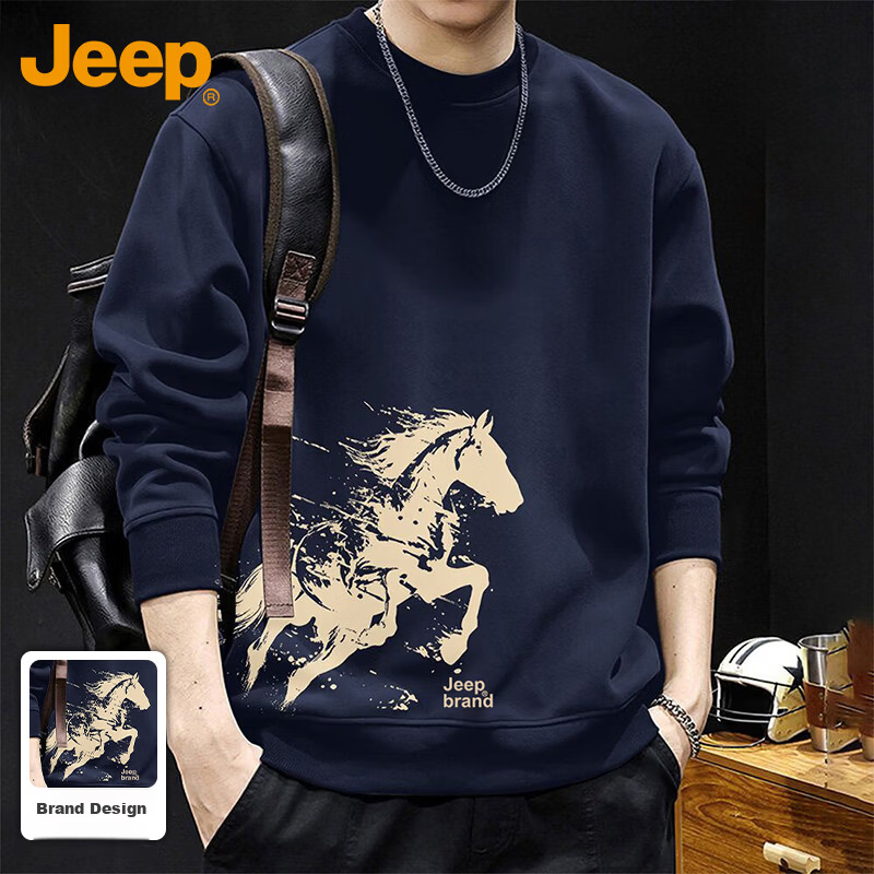 JEEP Men's High-End Loose Fit Sweatshirt Spring Autumn Base Layer Long Sleeve Top Trendy Men's Wear Navy Blue S