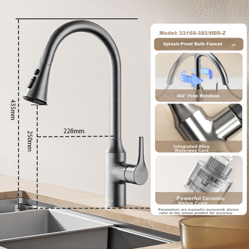 JOMOO Kitchen Faucet Gunmetal Gray Pull-Out Sink Mixer Tap Hot and Cold 33168-385/HBS-Z