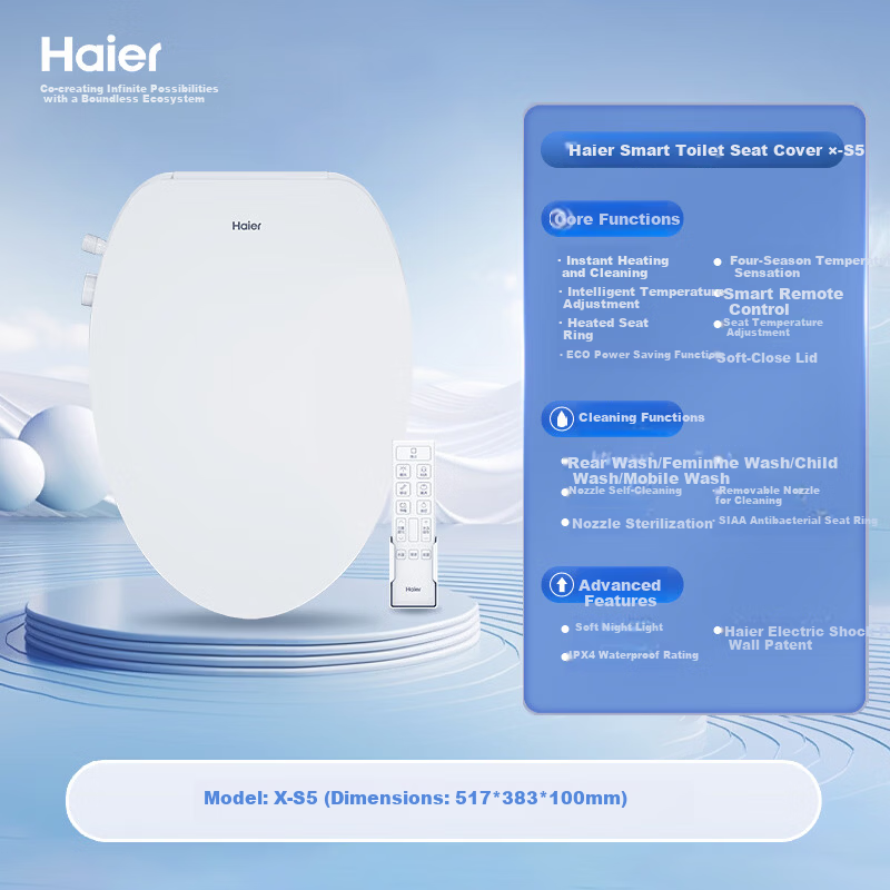 Haier Smart Toilet Seat with One-Touch Knob, Four-Season Temperature Control, Curved Water Tank Compatible with Fully Automatic X-S5