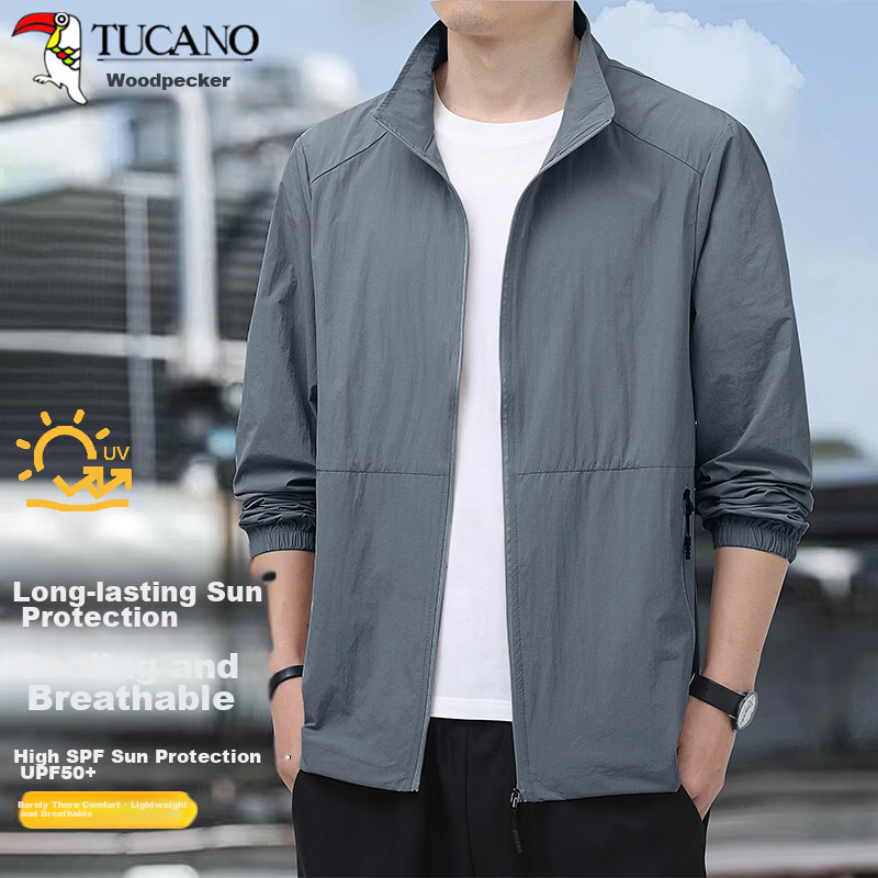TUCANO Men's Summer Sun Protection Jacket Ice Silk Skin Jacket Breathable Thin Stand Collar Quick-Dry Coat Dark Gray 4XL
