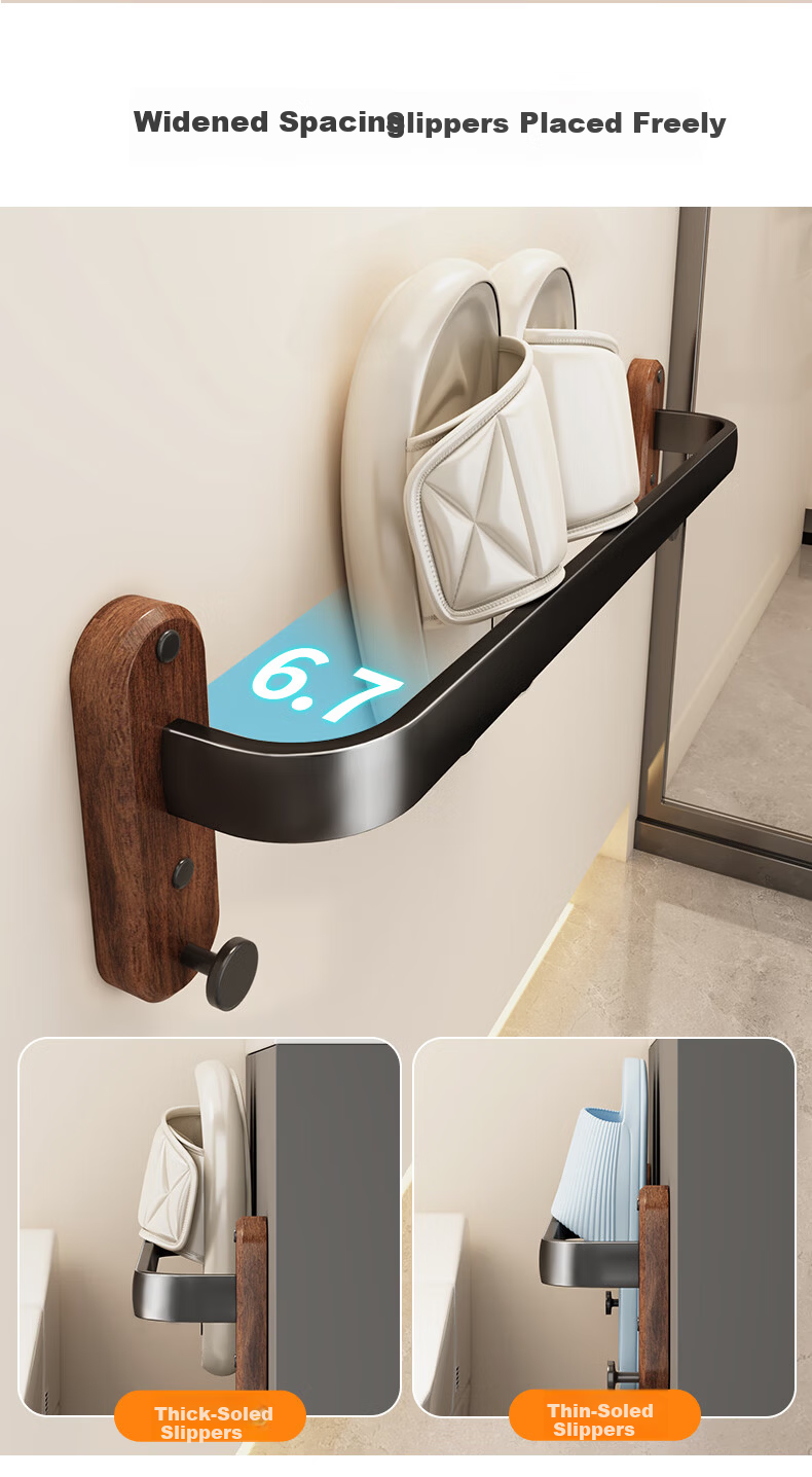 Youqin Walnut Wood Slipper Rack Bathroom Hanging Storage Shelf Wall-Mounted Draining Organizer for Toilet 4