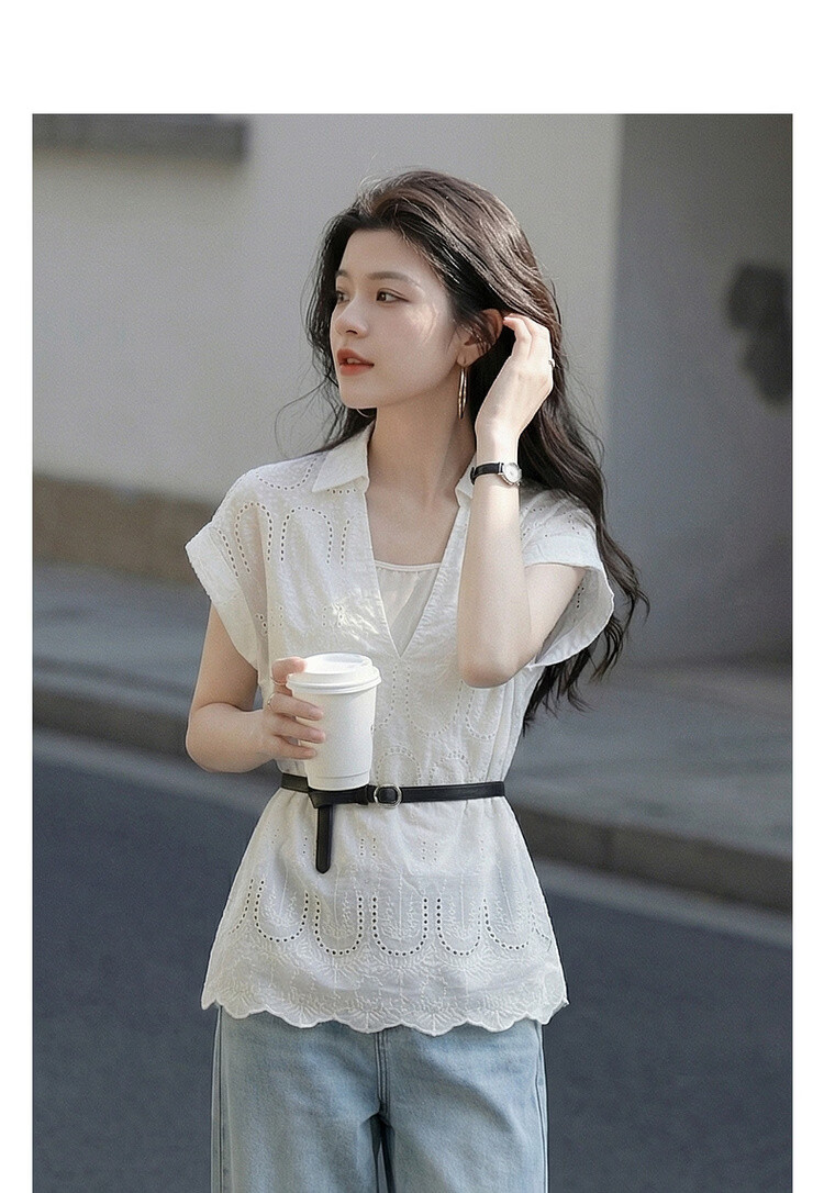 Demana Pure Cotton Light Life Summer V-Neck Lace Embroidered Shirt Color-Block Belted Short Sleeve Blouse for Women 3