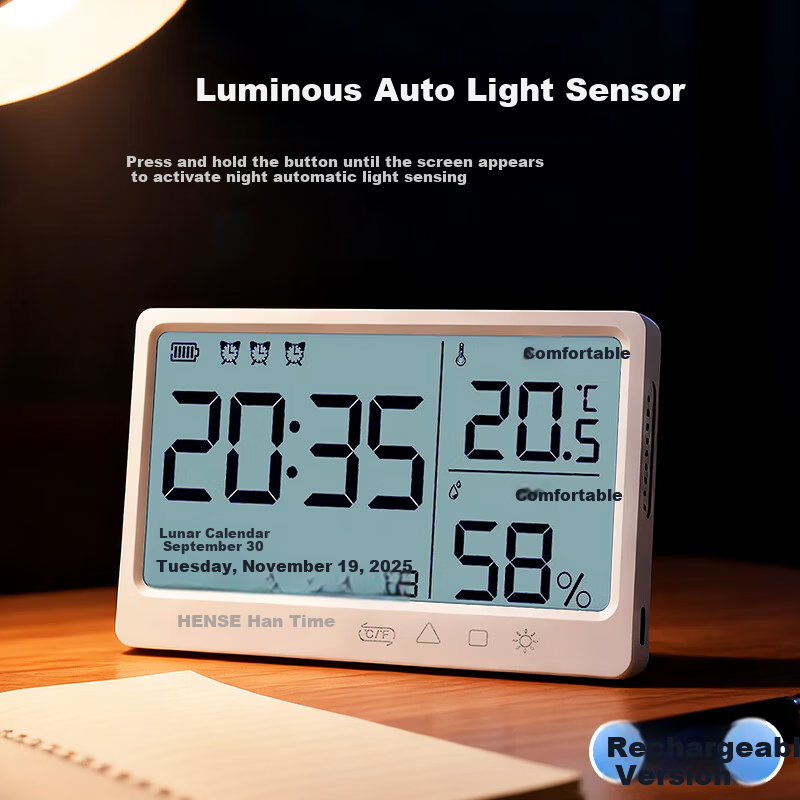 Hense Temperature And Humidity Magnetic Electronic Clock, Living Room Kitchen Timepiece, Desktop Digital Display Screen, Student-Specific Wake-Up Device, HAMY12 Rechargeable Model 3