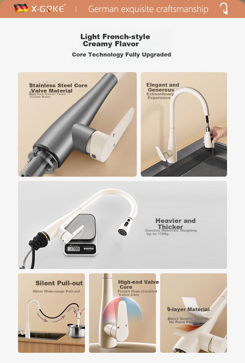 X-GRKE German Kitchen Faucet Hot and Cold Two-in-One Sink Faucet Three-Mode Pull-Out Kitchen Faucet 4