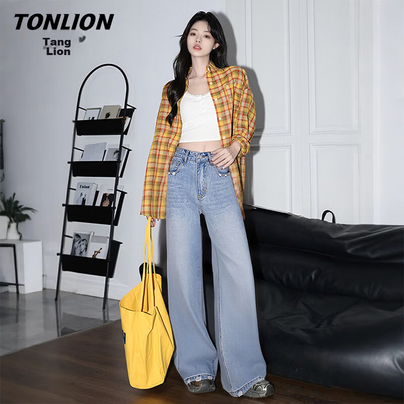 TonLion Women's Jeans Trendy Brushed Design Loose Slim Fit Petite Straight Wide-Leg Pants Spring Autumn New Arrival