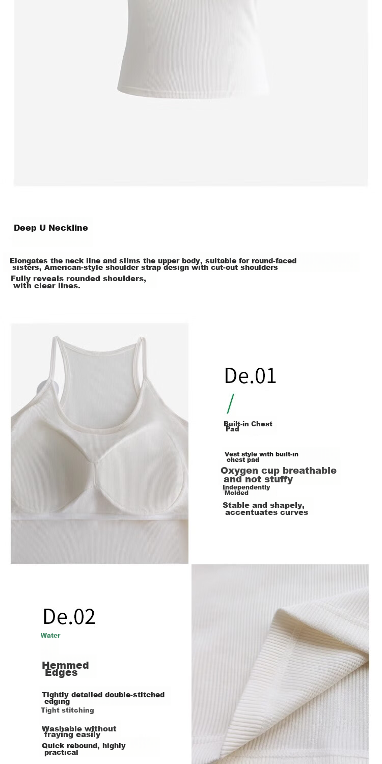 MiiOW Women's U-Neck Padded Strap Tank Top American Vintage Simple Ribbed Solid Color Slim Straps White 7