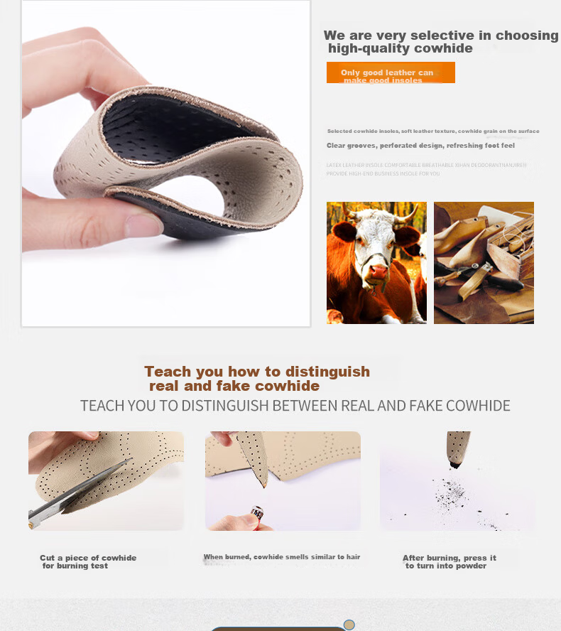 Huabaochi 2 Pairs Leather Insoles Men Breathable Sweat-Absorbing Odor-Resistant Genuine Cowhide Soft Latex Thin Summer Women's Shoe Insoles 7