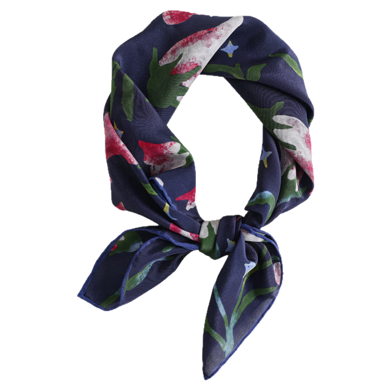 Lagur "Rose Red Morning Glory" Original Handmade Fine Rolled Mulberry Silk Scarf Midnight Blue (Pink Gift Box)