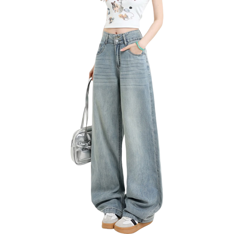 Jeanswest Women's High-Waist Jeans 2026 Spring Summer Lightweight Silky Slim Fit Wide-Leg Denim Pants Blue XL