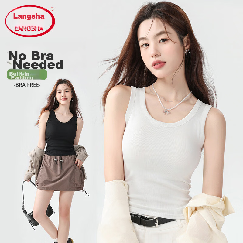 Langsha Pure Cotton Women's Camisole Vest with Chest Pad, Spring Summer Inner Wear, Side Breast Coverage, Slim Fit Sleeveless Top