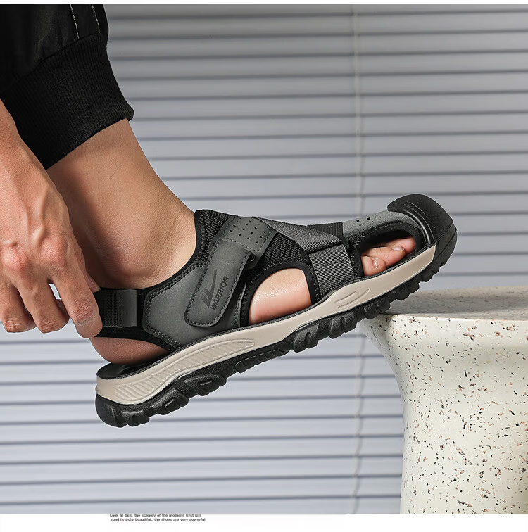 Warrior Men's Summer Breathable Sandals Closed-Toe Beach Commuter Shoes WSL(WZ)-1755 Khaki Black Size 39 8