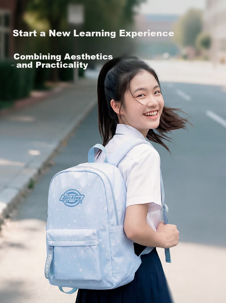Dickies Women's Backpack Student Campus Commuter Lightweight 2026 New Fashion Large Capacity Laptop Bag Blue and White Polka Dot 1