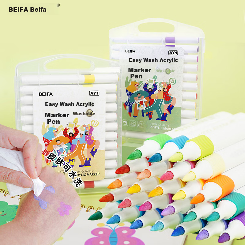 BEIFA 36 Colors Acrylic Markers Triangular Barrel Markers Children's Watercolor Pens Drawing Coloring Art Kids Gift Back to School Essential