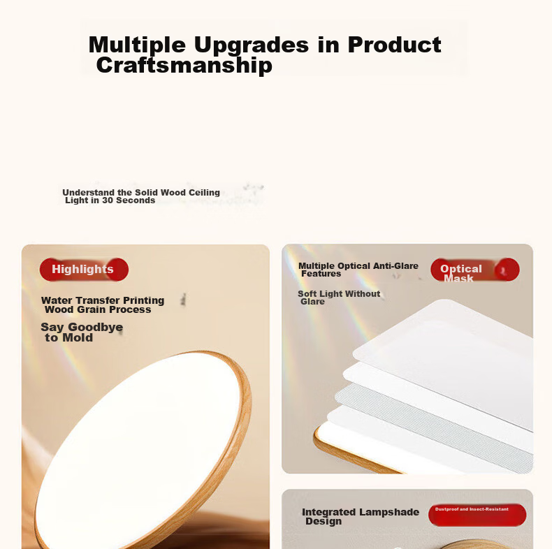 ASUS Lighting AI Voice-Controlled American Cree Eye-Care Bedroom Ceiling Light Japanese Style Wood Grain New Cream Eye-Care Round Lamp 7