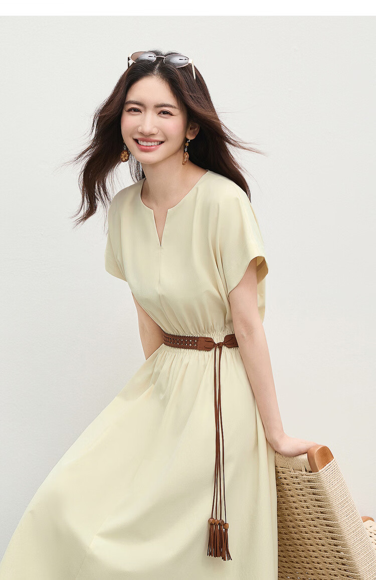 Shangdu Bila Elegant Round V-Neck Korean Style Summer Dress for Women Pear-Shaped Slimming A-Line Dress with Raglan Sleeves Casual Long Dress 16