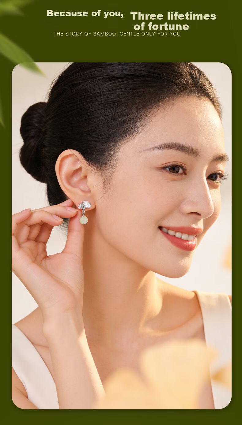 Lao Feng Xiang Hetian Jade Earrings Women's 2026 New Premium Silver Earrings Birthday Anniversary Gift for Girlfriend Wife 5