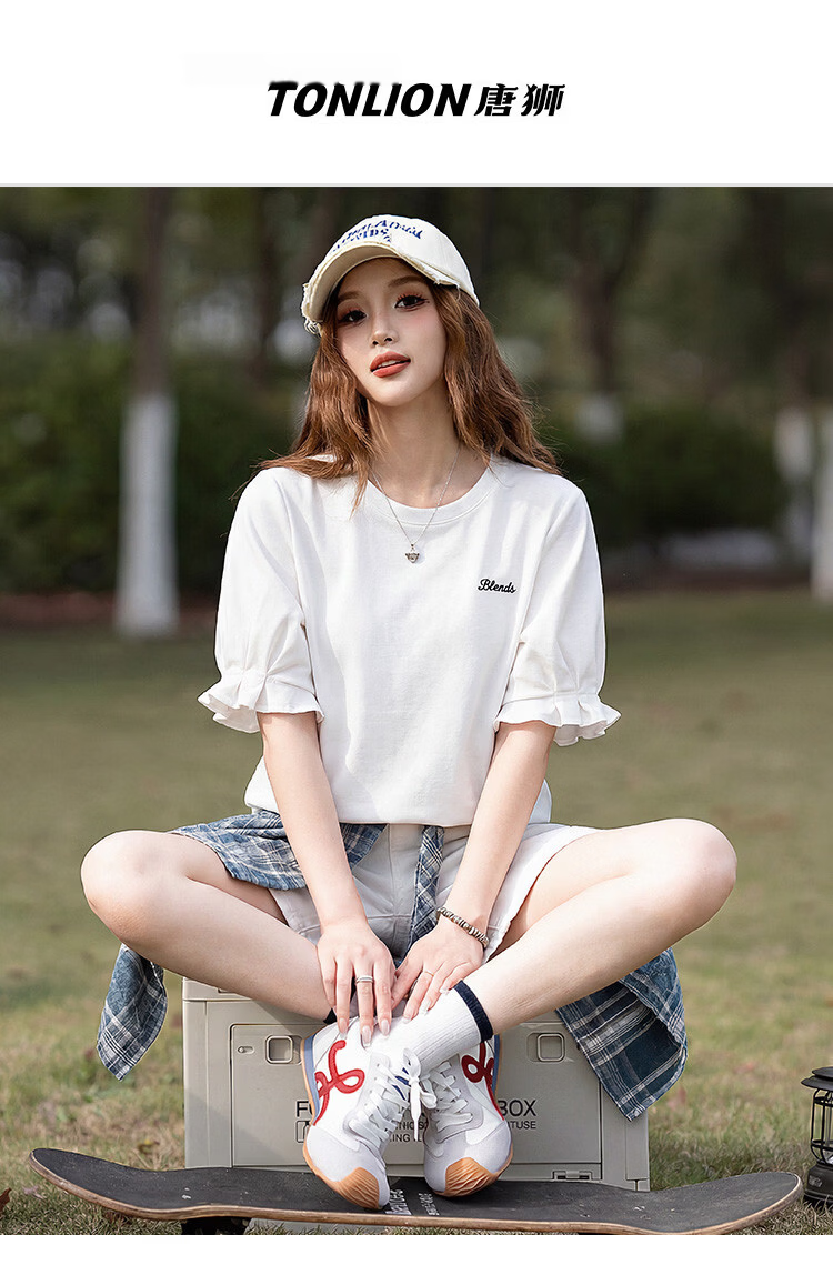 TonLion 2026 Summer New Women's Short Sleeve T-Shirt Sweet Cute Style White Puff Sleeve French Design 1