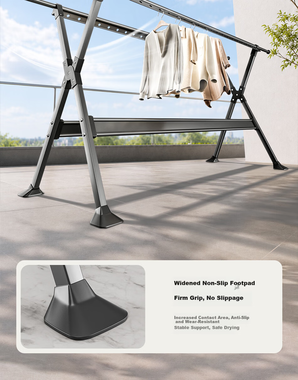 Fengshang Floor-Standing Clothes Drying Rack Foldable Laundry Rod for Home Balcony Bedroom Mobile Garment Hanger 4