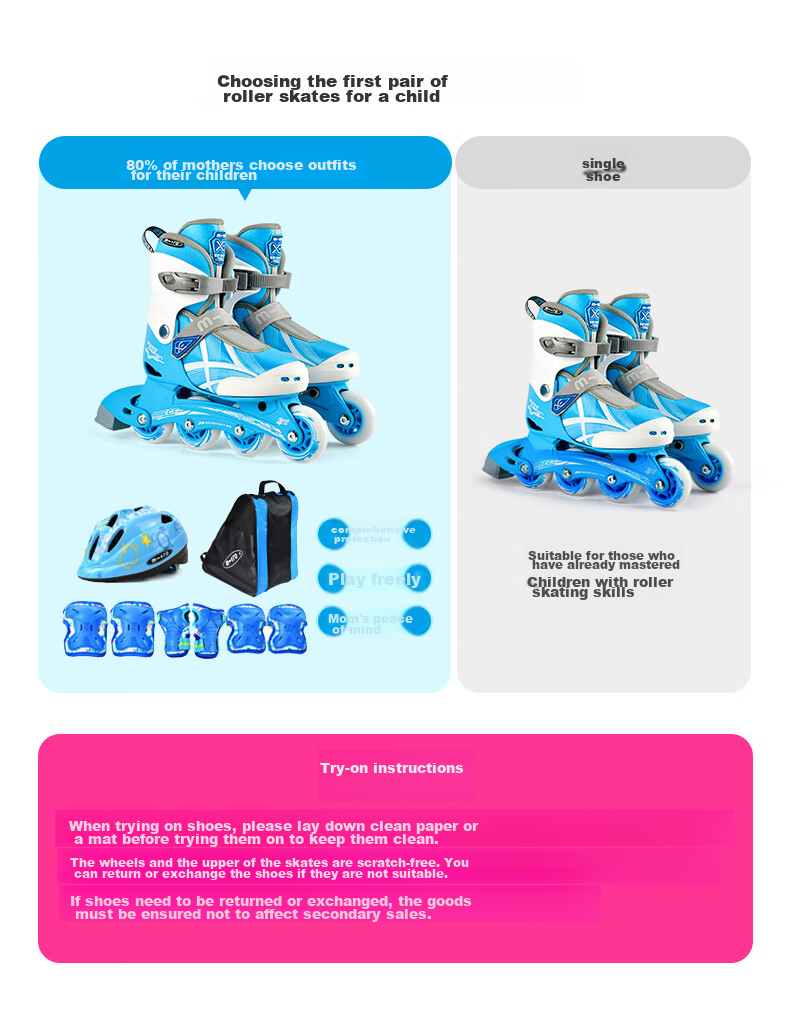 MEGA Children's Roller Skates for Boys And Girls, Inline Skates with Adjustable Wheels for Primary And Secondary School Students, Blue Set, Size L 1