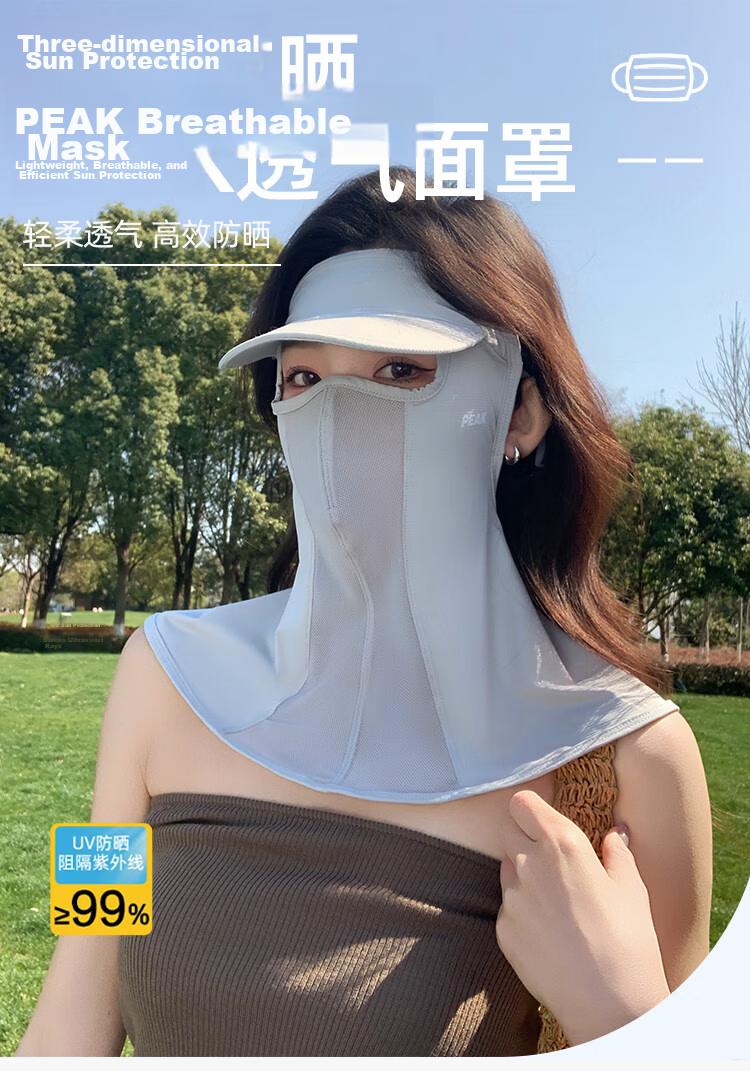 Peak Sun Protection Face Mask with Ear Loops, Breathable Mesh Ice Silk Wide Brim Full Face Bikini Outdoor UV Protection Eye, Shoulder, and Neck Guard 1