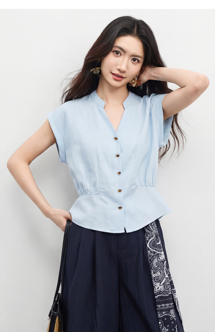 Shangdu Bila Linen Blend Stand Collar Shirt for Women Spring Summer Color-Block Button Slim Fit Flutter Sleeve Waist-Defined Short Sleeve Elegant Top 20