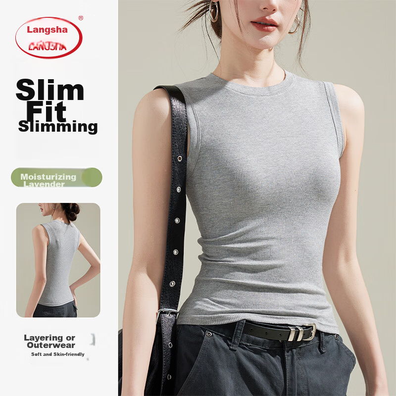 Langsha Women's New Slim Fit Ribbed High Neck Sleeveless Top Korean Style Fashionable Gray