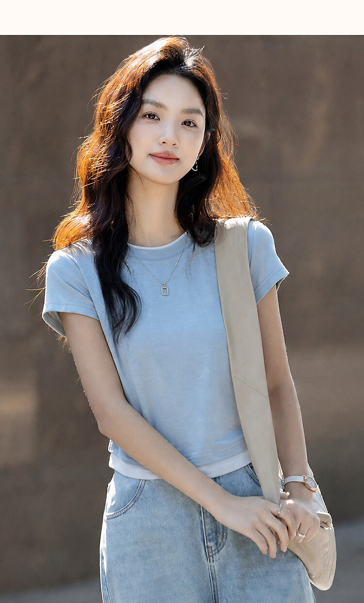 Demana [with Lyocell] Summer Elegant Colorblock Crew Neck Short Sleeve Slim Fit T-Shirt for Petite Women 21